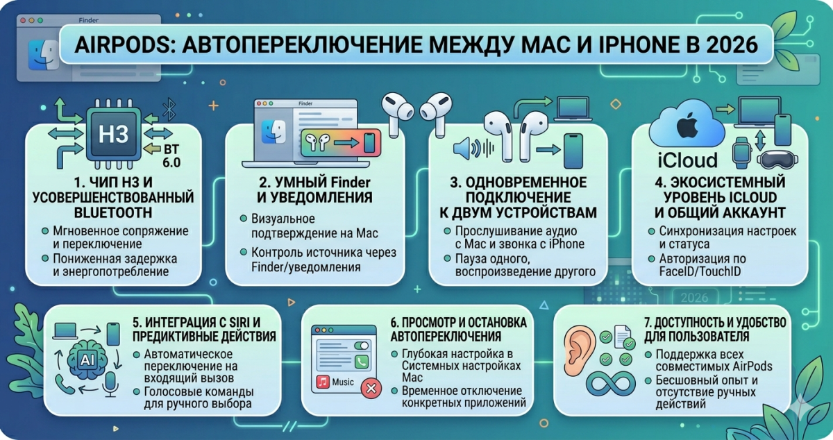 AirPods: автопереключение между Mac и iPhone в 2026