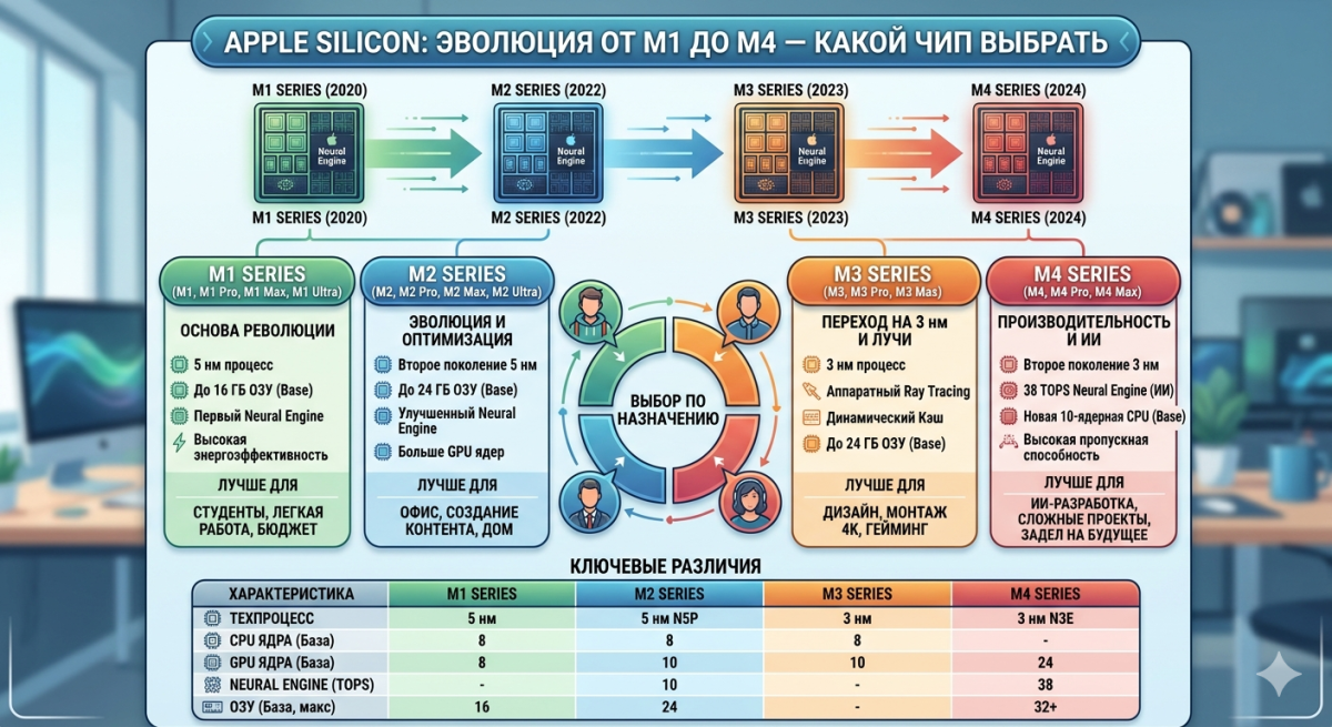 Apple Silicon: эволюция от M1 до M4 - какой чип выбрать