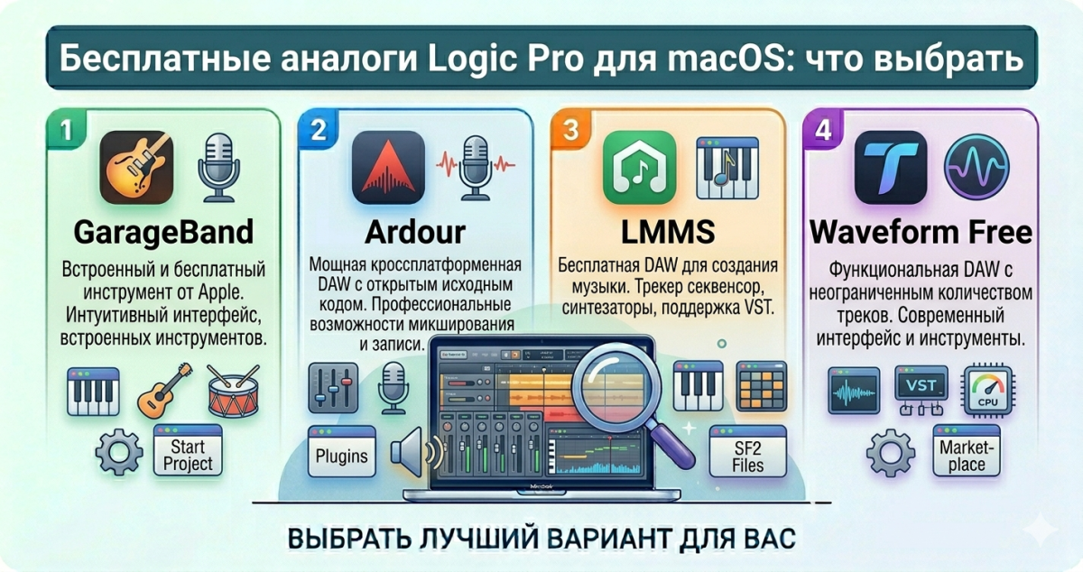 Бесплатные аналоги Logic Pro для macOS: GarageBand, Ardour, LMMS