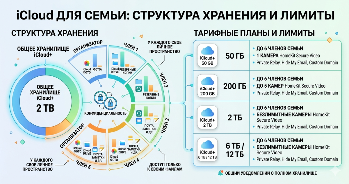 iCloud для семьи: структура хранения и лимиты