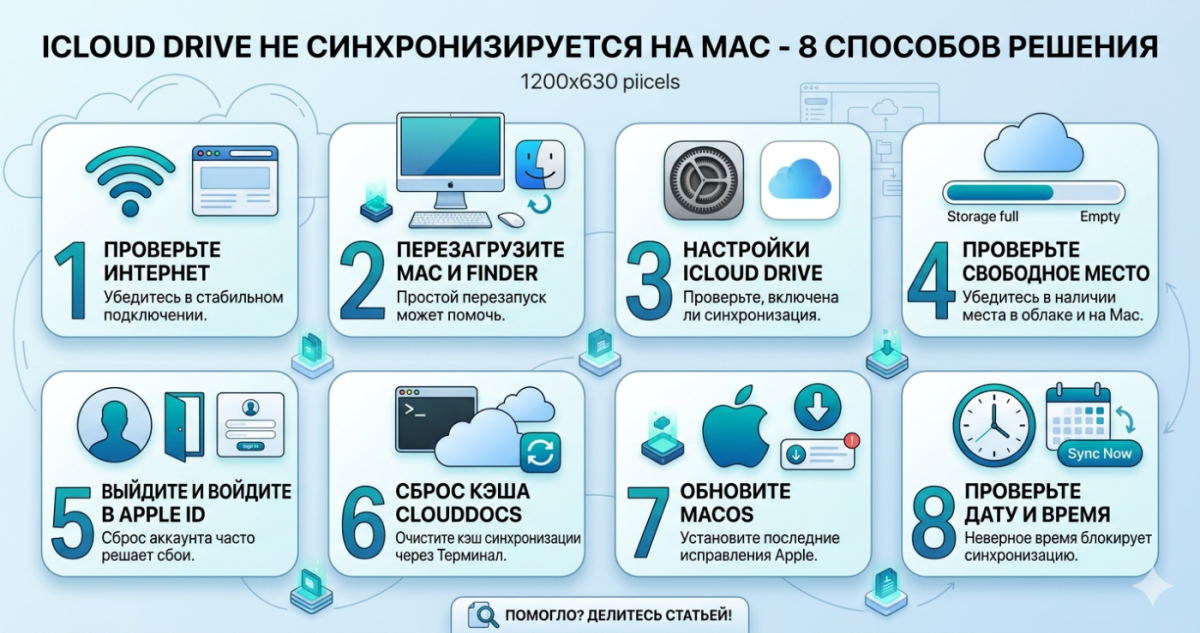 iCloud Drive не синхронизируется на Mac - 8 способов решения