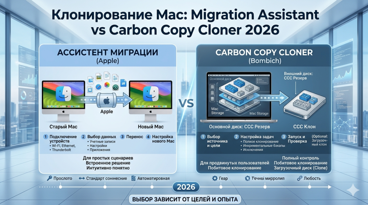 Клонирование Mac: Migration Assistant vs Carbon Copy Cloner 2026