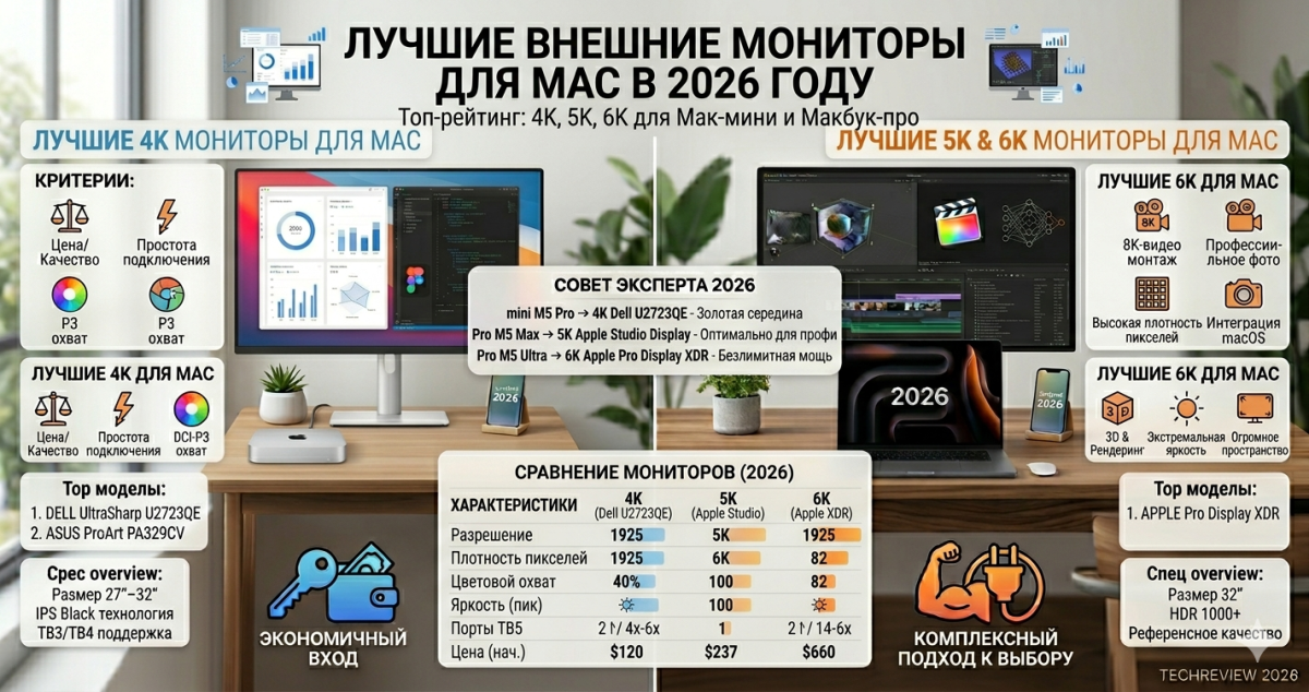 Лучшие внешние мониторы для Mac в 2026: 4K, 5K, 6K