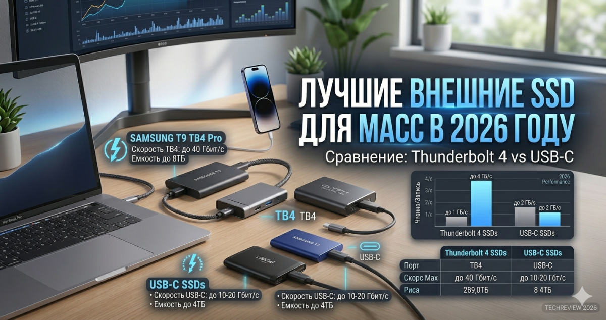 Лучшие внешние SSD для Mac: Thunderbolt 4 vs USB-C в 2026