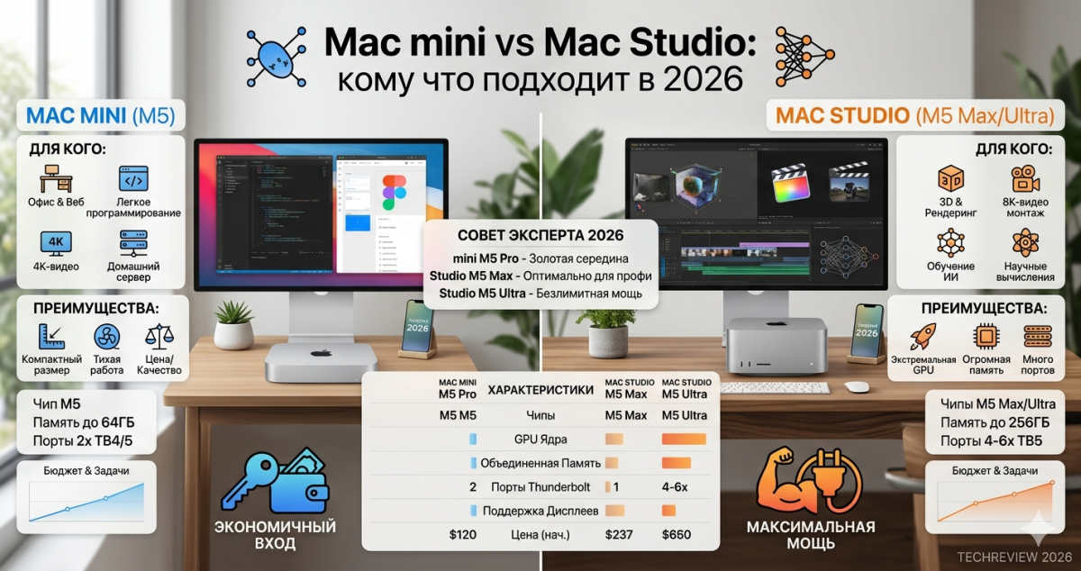 Mac mini vs Mac Studio: кому что подходит в 2026