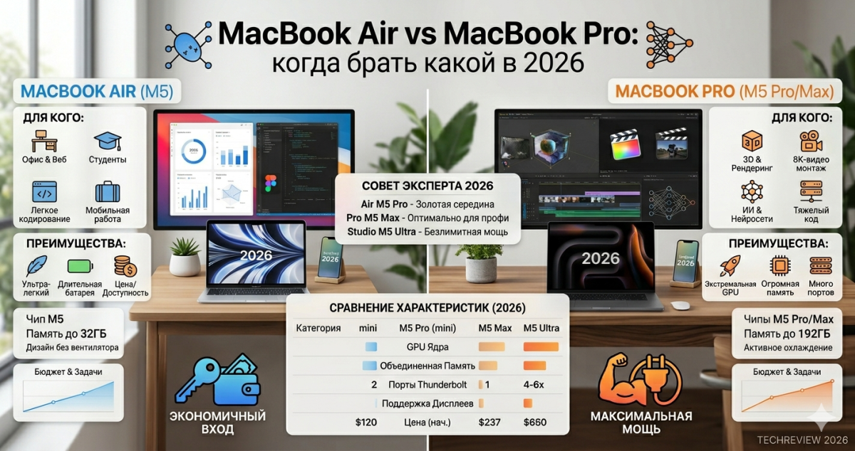 MacBook Air vs MacBook Pro: когда брать какой в 2026