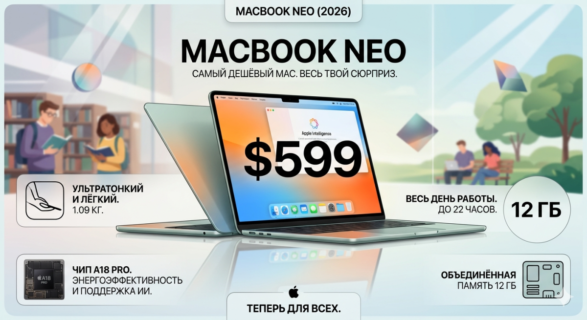 MacBook Neo (2026) - самый дешёвый Mac за $599