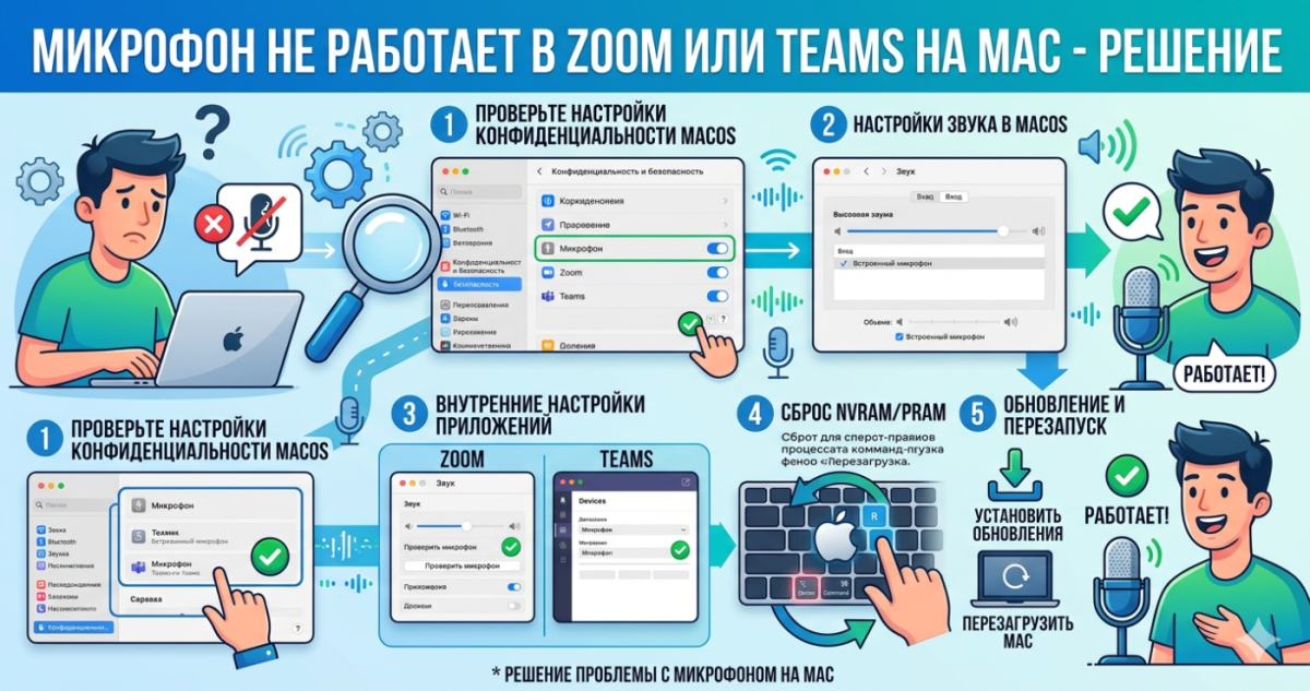 Микрофон не работает в Zoom или Teams на Mac - решение