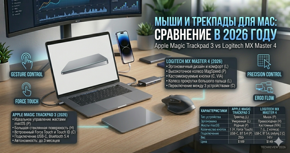 Мыши и трекпады для Mac: Magic Trackpad vs Logitech MX в 2026