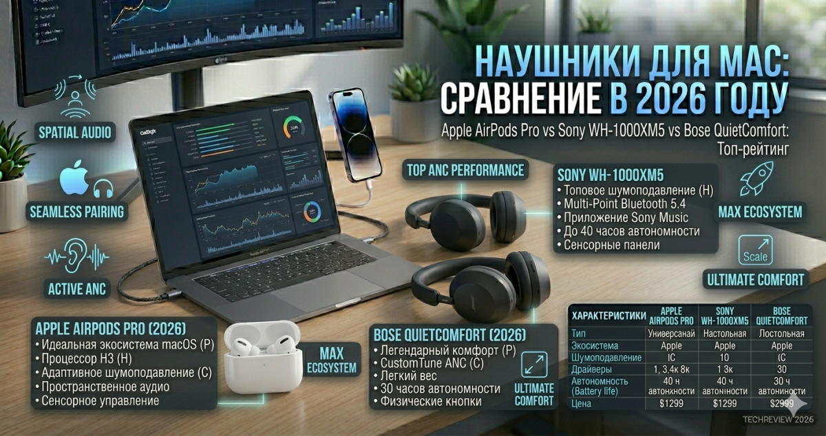 Наушники для Mac в 2026: Sony XM5 vs AirPods Pro vs Bose