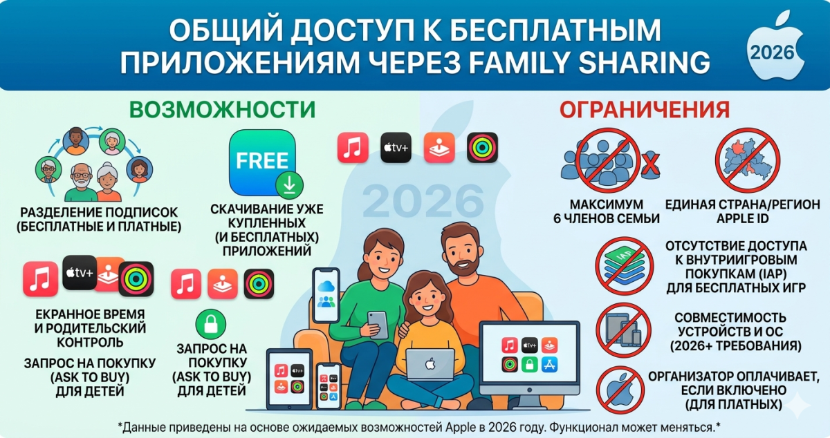 Общий доступ к бесплатным приложениям через Family Sharing 2026