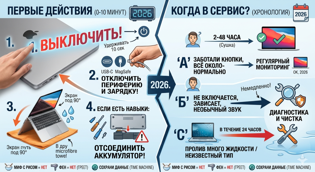Первые действия после пролива воды на MacBook (и когда в сервис) 2026