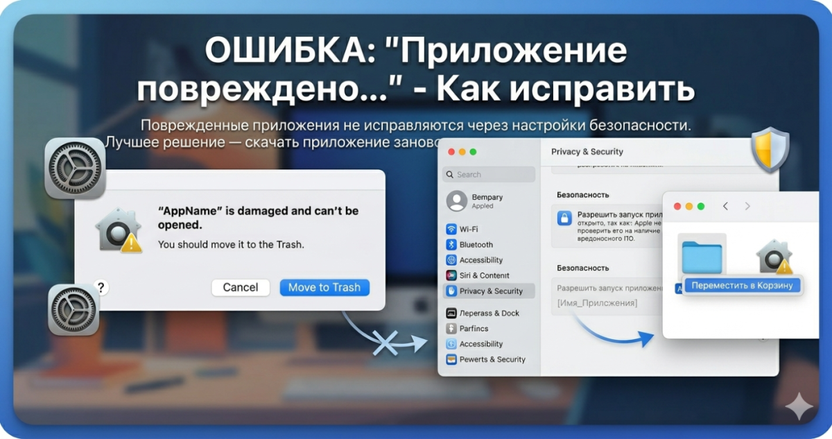 Приложение повреждено и не может быть открыто. Переместить в Корзину?