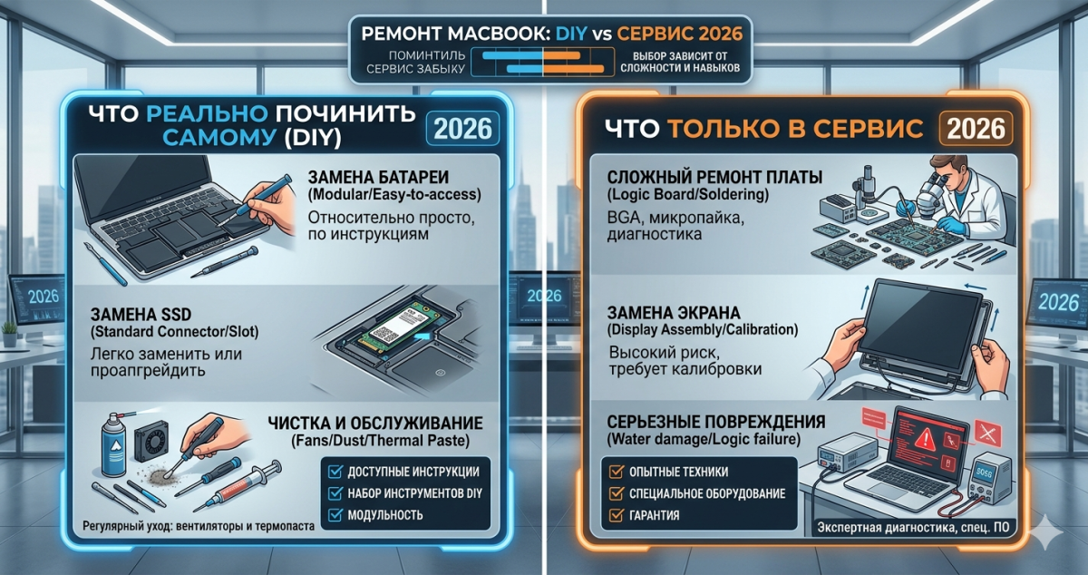 Ремонт MacBook: что реально починить самому, что только в сервис 2026