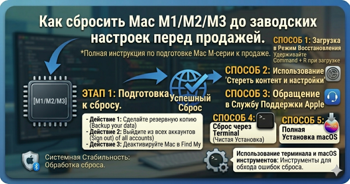 Как сбросить Mac M1/M2/M3 до заводских настроек перед продажей