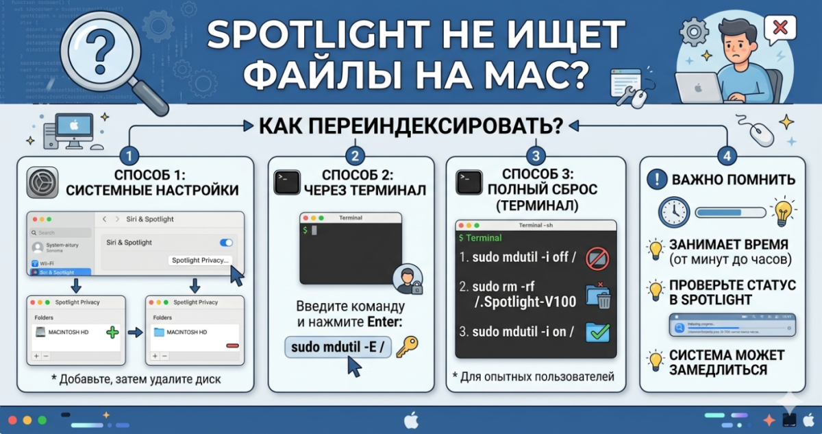 Spotlight не ищет файлы на Mac - как переиндексировать